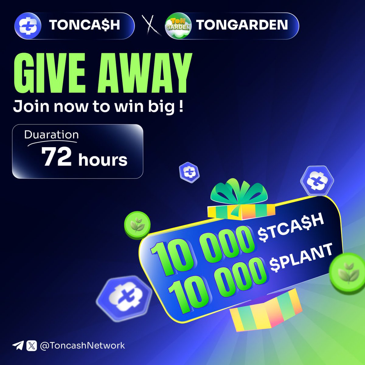 ToncashNetwork's tweet photo. TONCA$H & @TONGarden_app Airdrop is now live 🔥 

To celebrate the partnership between #TONCASH and TONGARDEN, we will #Giveaway 10,000 TCA$H & 10,000 $PLANT to the community!

🎁 Prize: 10,000 TCA$H &10,000 $PLANT/ 20 winners

How to join 👉
✅ Follow @ToncashNetwork and @TONGarden_app
✅ RT & Tag 3 friends 
✅ Join https://t.co/P7xmMkPEGW &  https://t.co/PoiXHy3hah

Drop your TG handle⤵️
⏰ 72H