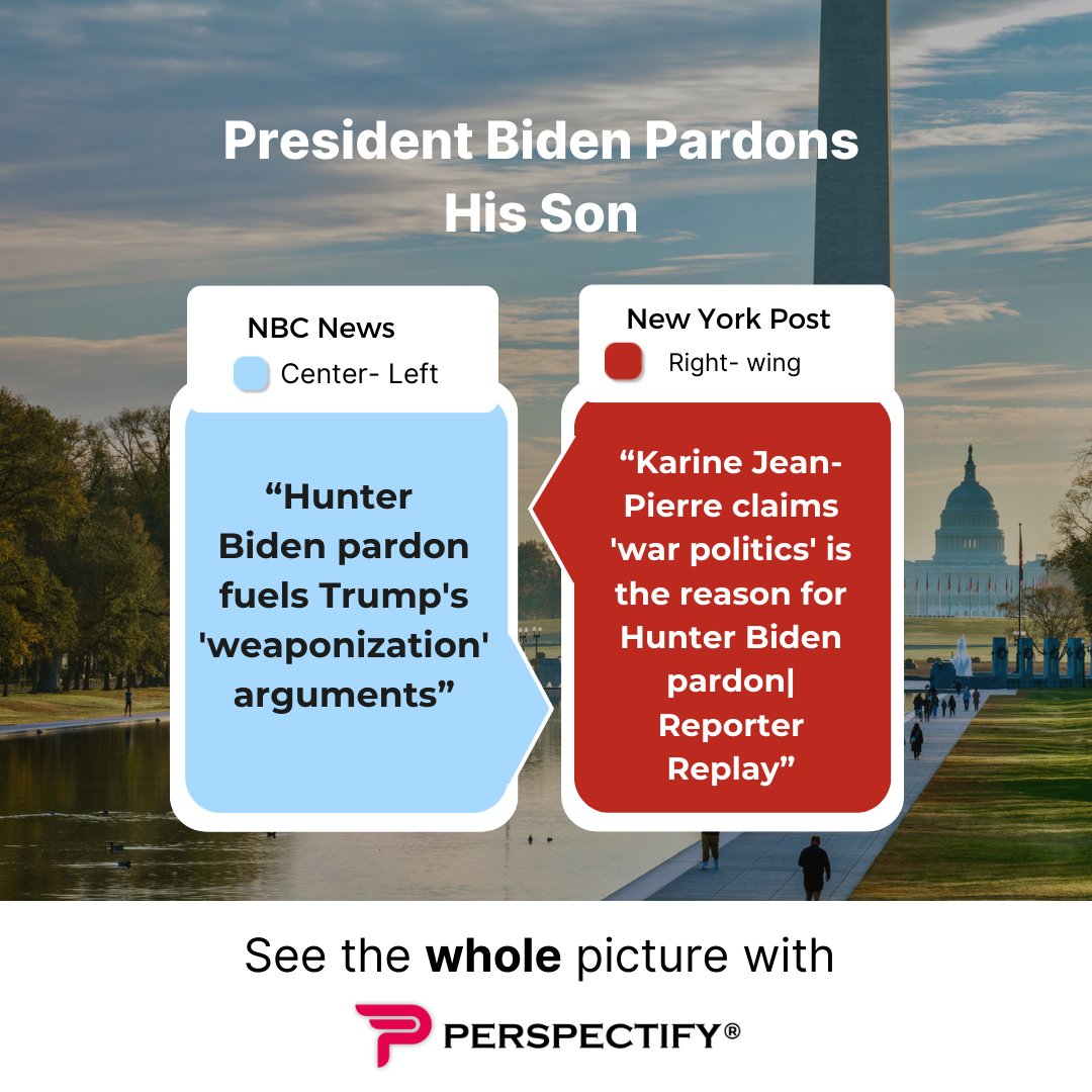 perspectify's tweet photo. See what the media on the left and right are saying about Joe Biden's decision to pardon his son Hunter.

https://t.co/ktdT27ufUR

 #JoeBiden #HunterBiden #LeftRightDebate #PardonDecision #Trump https://t.co/wyPZ6Uamd9