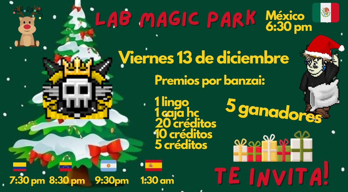 Lab Magic Park ✨Te invita al prox EVENTO este 13 de diciembre a las 6:30 pm mx con nuestros amigos de <a href="/radiobeathabbo/">Radio Beat</a> 
20 c entre los repost 
Like &amp; etiqueta a un amigo 
No faltes!!!! 💚🎄☃️❄️