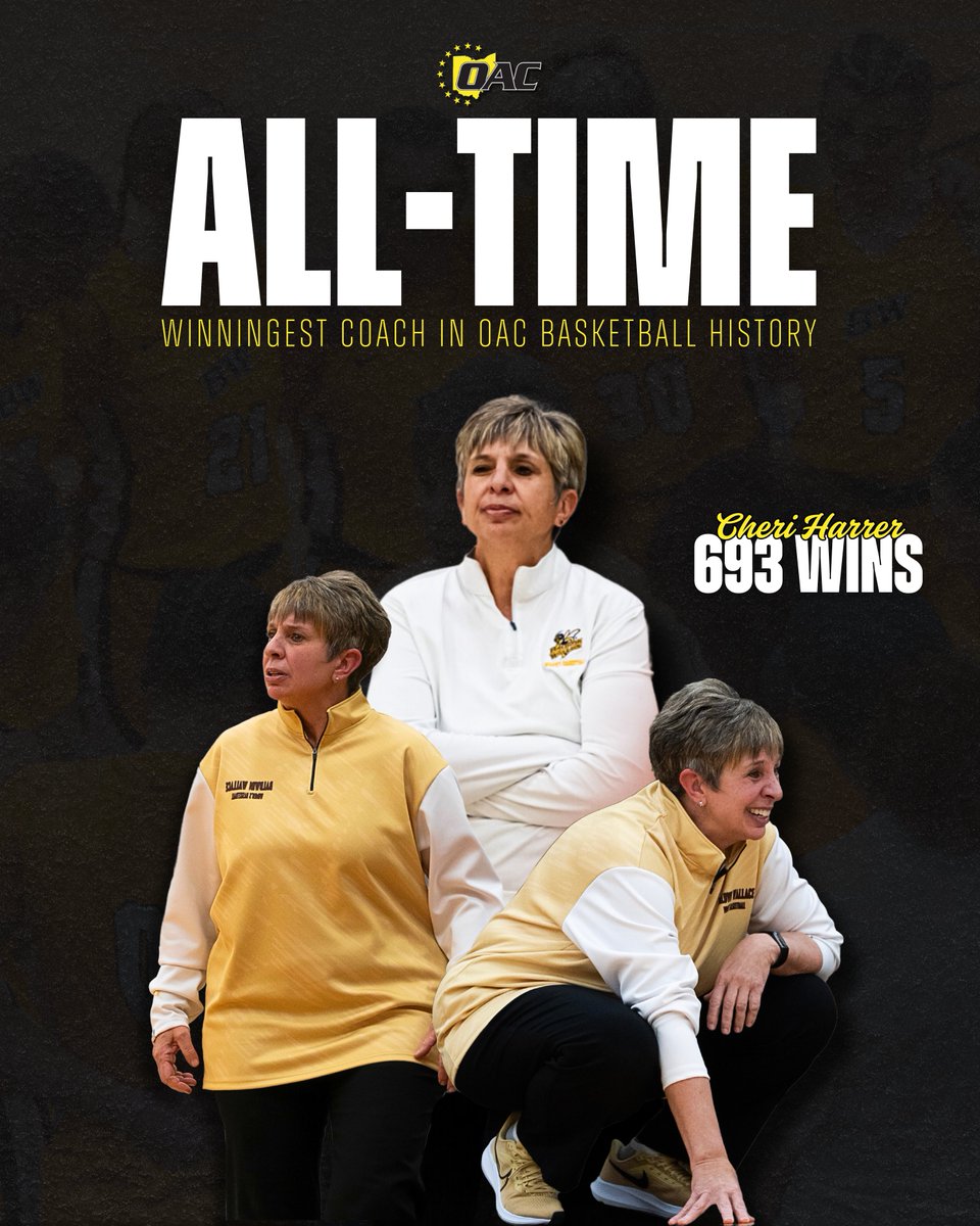 With tonight's win, @bw_wbasketball Head Coach Cheri Harrer becomes the winningest basketball coach in OAC history! 🏀

Harrer has led the Yellow Jackets to 11 OAC Regular Season Championships, including seven outright, eight OAC Tournament titles, 18 @ncaadiii Tournament