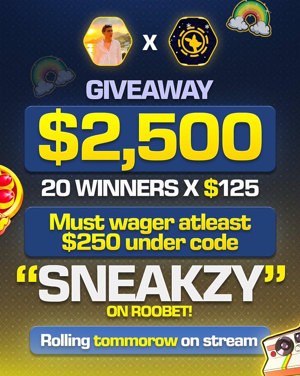 🎉 $2,500 GIVEAWAY 🎉 (20 winners x $125) 💵

1️⃣ RT and FOLLOW <a href="/Roobet/">Roobet</a> 
2️⃣ Tag a friend 👥
3️⃣ Wager at least $250 under my link : roobet.com/?ref=sneakzy

⏳ Rolling in less than 24h on stream! 🕒
Good luck! 🍀 #Giveaway #Roobet