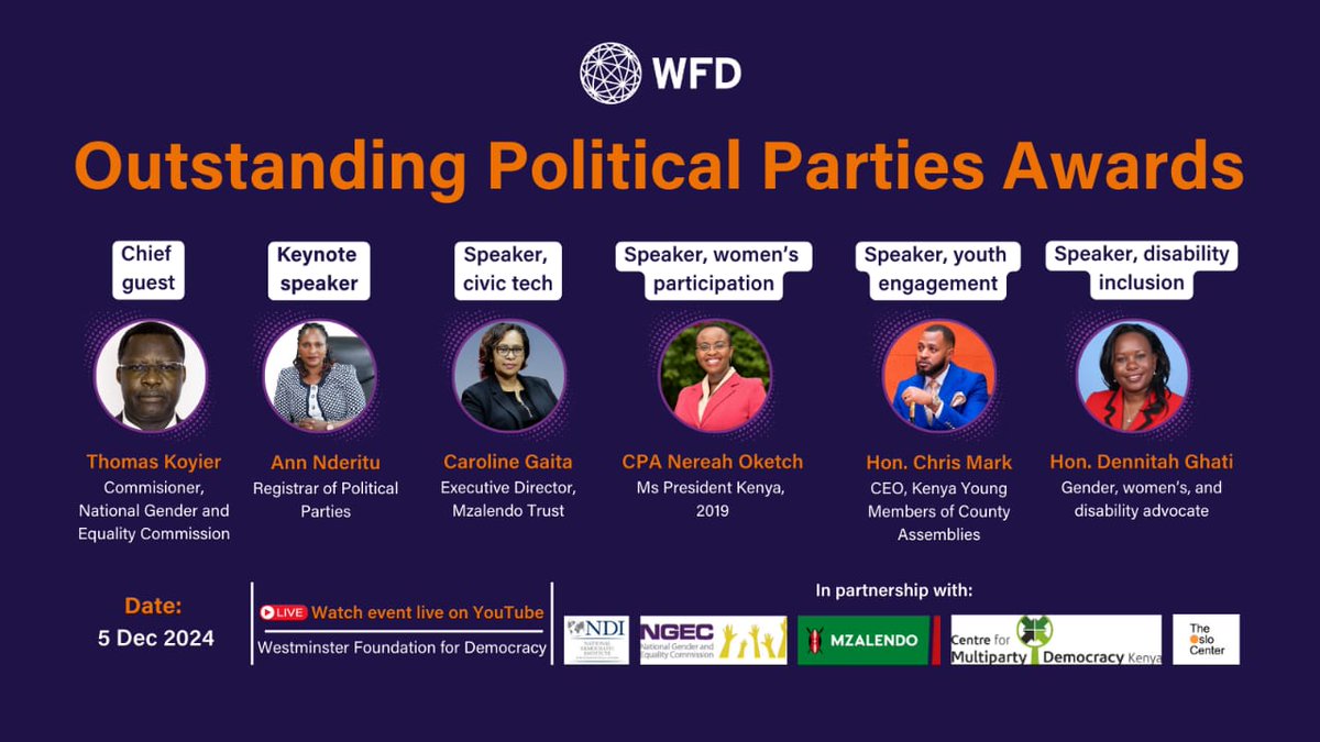 NdmcKenya's tweet photo. Join @WFD_Kenya livestream,Today  5th Dec 2024  as we recognise and acknowledge political parties putting efforts in inclusion of SIGs in Political Parties processes🎉🎉. https://t.co/2wMqvyhFsO