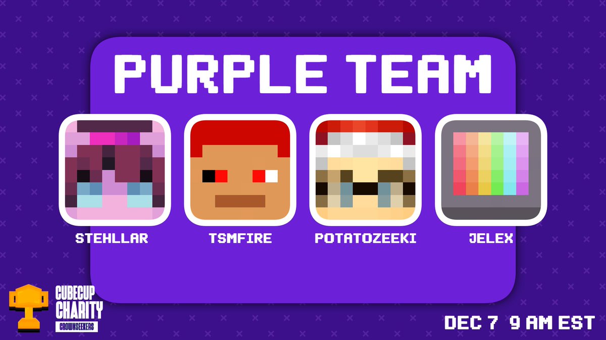 CubeCupEvent's tweet photo. >PURPLE TEAM<
@Stehllar @TSMFire1 @PotatoZeeki @Jelexisbetter 

Watch them compete during CubeCup Charity [CROWNSEEKERS] on Dec 7, 10 AM EST https://t.co/GByqhX6yEu