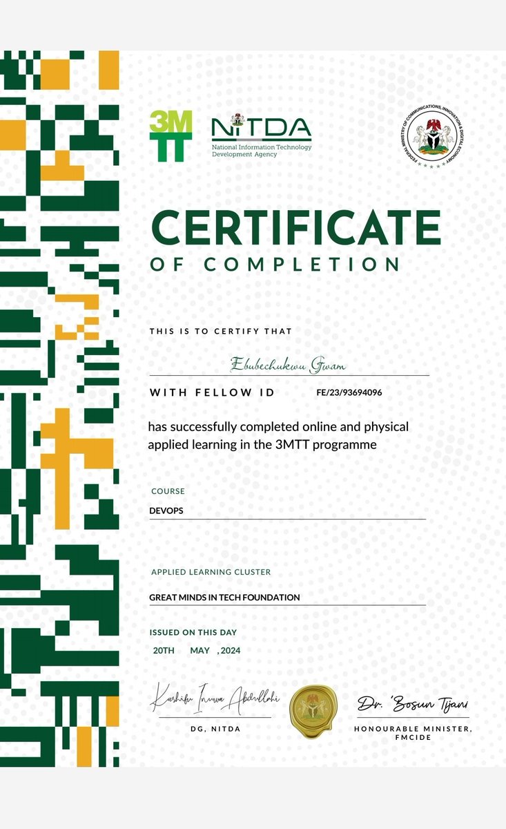 CharlesGwam's tweet photo. I'm excited to share that I've officially earned my DevOps certification. Massive thanks to @bosuntijani and 3mtt Nigeria for their invaluable guidance and top-notch training. Onward to building scalable, efficient systems! #3mtt @3MTTNigeria @NITDANigeria #3MTTLearningCommunity https://t.co/9GYhZuYBjp