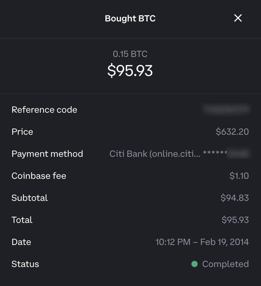 My first Bitcoin receipt from 2014 Buying 0.15 at $632.20 per BTC. Even  back then I was doubting myself to just buy a full coin Congratulations to  all