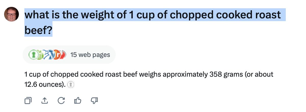 ChuckHumbertson's tweet photo. Ha! I found an error in Grok. The weight it gives is almost twice the actual weight (about 5.3 ounces per cup)
#Grok #GrokError https://t.co/9VmmRajMl9