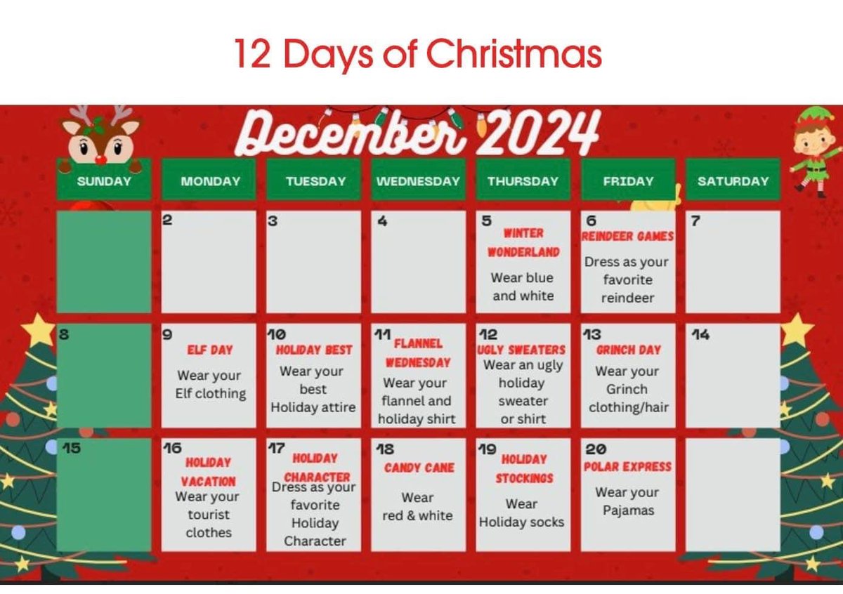 Tomorrow starts our 12 Days of Christmas dress up days!!!!!!