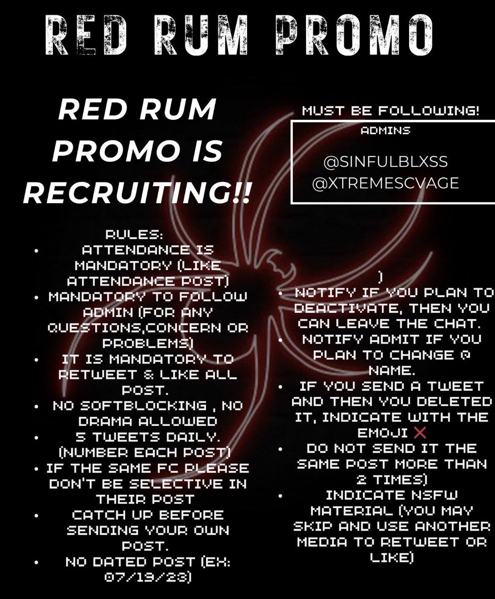 RED RUM PROMO IS RECRUITING!!!

-5PPD
-retweet and comment @ to join
- any fandom can join
- must cu before sending yours in
- must be following admins <a href="/sinfulblxss/">۟</a> <a href="/xtremescvage/">🎀</a> 

DO NOT JOIN IF YOU ARE NOT GOING TO BE ACTIVE‼️