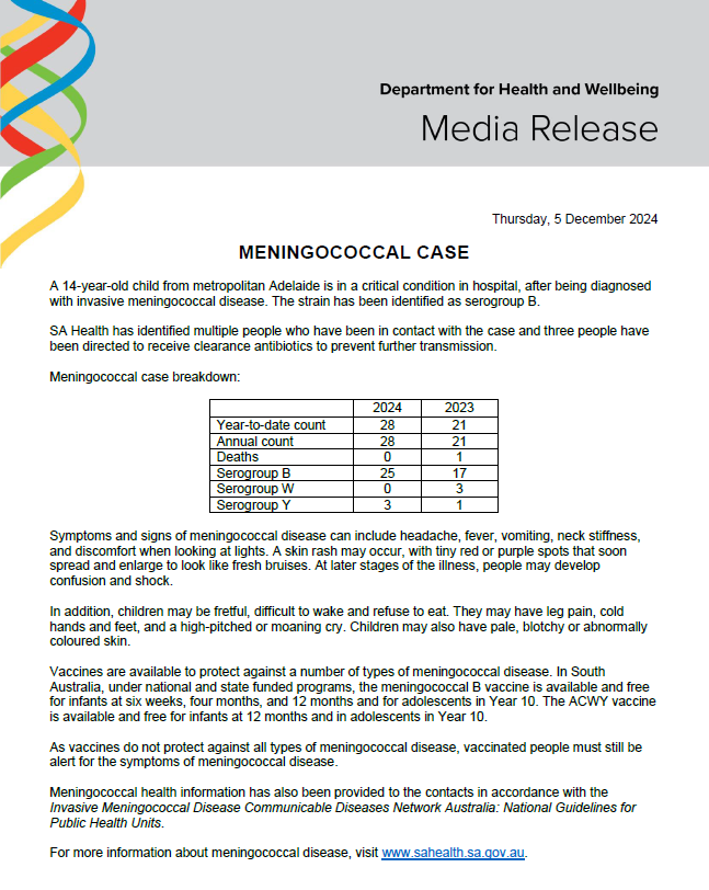 HEALTH ALERT: Meningococcal case - 5 December 2024.