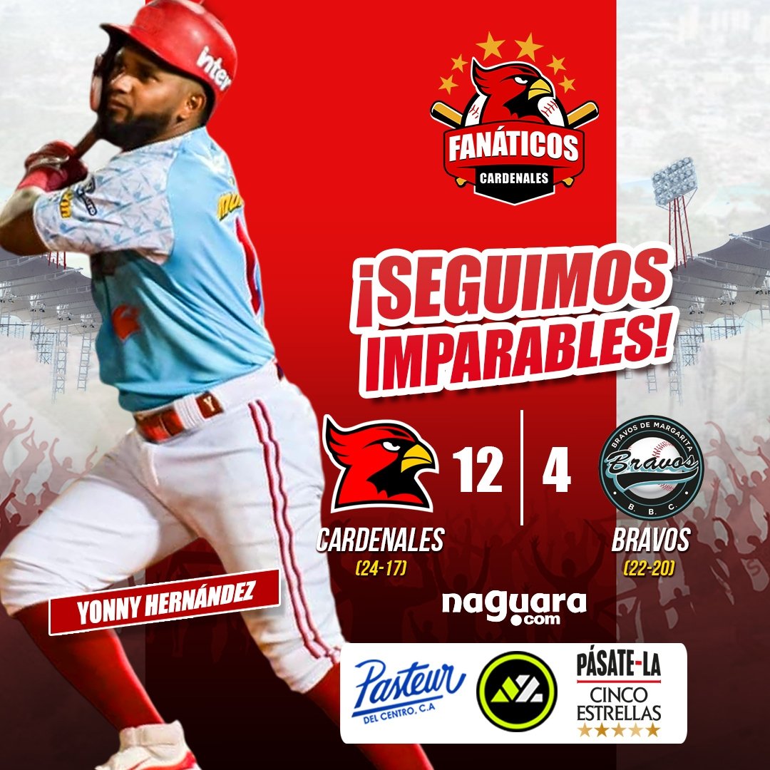 Cardenalesbbc's tweet photo. ¡YYYYYYYYYYYYYYYYYYYYYYYYYYYYYYYYYYYYYYYYYY SE TERMINÓ EL JUEGO MI GENTE VICTORIA 12X4 SOBRE LOS BRAVOS DE MARGARITA!

¡SEGUIMOS IMPARABLES! 💪🏻 

El más destacado del juego fue Yonny Hernández se fue de 4-2 con 2 impulsadas y anotadas ¡CABALLO! 🔥

SOMOS FANÁTICOS CARDENALES🔥😌 https://t.co/YhslW6ehiE