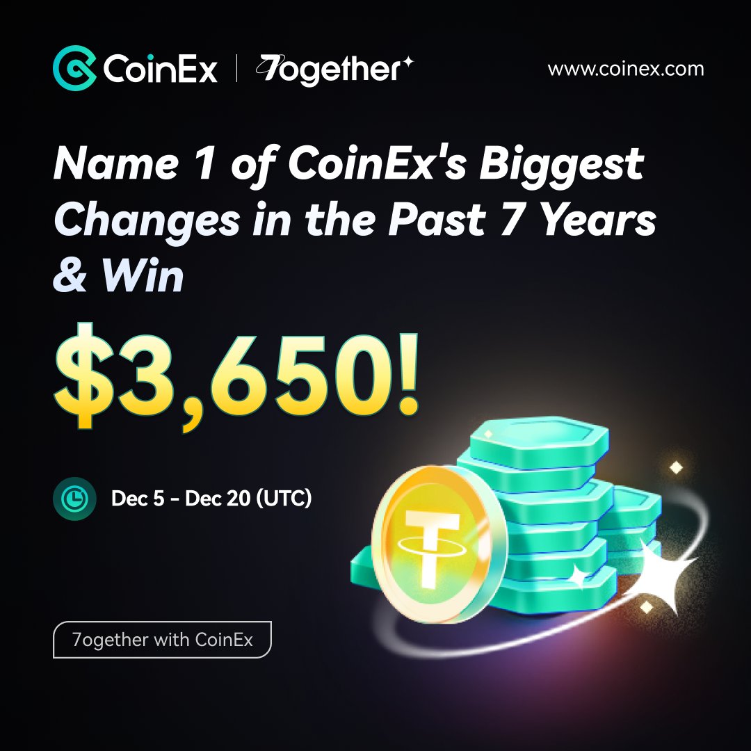 coinexcom's tweet photo. Win 3,650 $USDT! 🌟 Share your view on the biggest change at CoinEx over the past 7 years & win! 💕

How to enter:
1⃣ Comment on the change you think has been the most significant at CoinEx.
2⃣ Follow @coinexcom, join our TG (https://t.co/prol7HoCnr), RT, use #CoinEx #CoinEx7ogether, & tag 3 pals.