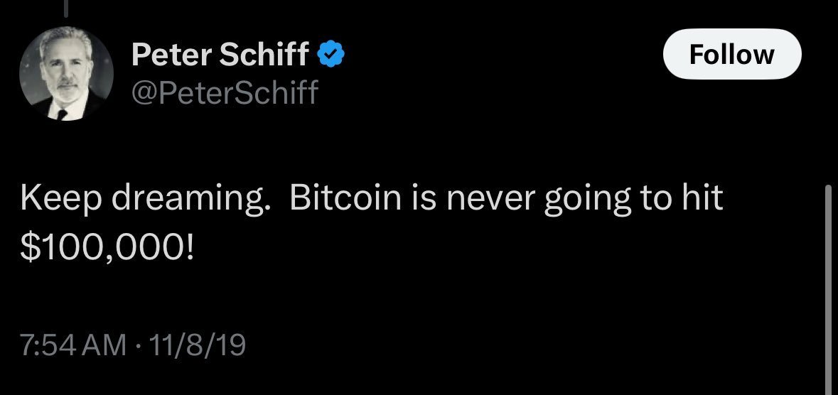 BitcoinAscent's tweet photo. What happen @PeterSchiff?
ARE YOU DREAMING?!?!?!?

Current #Bitcoin price = $102.8k https://t.co/E6Ry3SIrS7