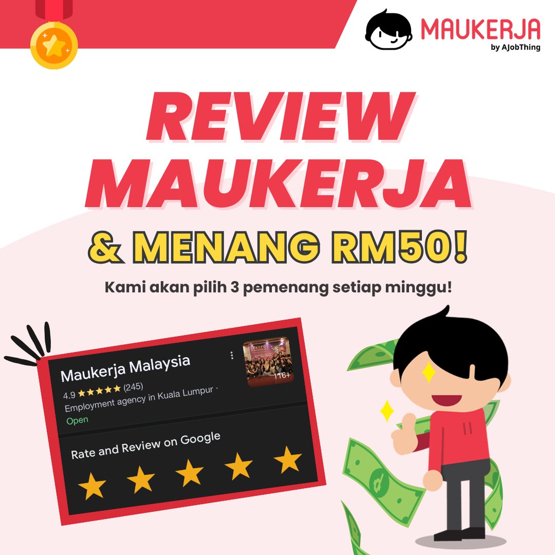 MauKerjaMY's tweet photo. ✨ Tulis review &amp; MENANG RM50 setiap minggu! ✨

Kami mencari 3 pemenang setiap minggu! Mudah je:
1️⃣ Tulis review tentang syarikat kami.
2️⃣ Tunggu nama anda diumumkan sebagai pemenang!

💸 Tekan link untuk review sekarang: https://t.co/Ty42u0mR6F https://t.co/wGG8YEUEVl