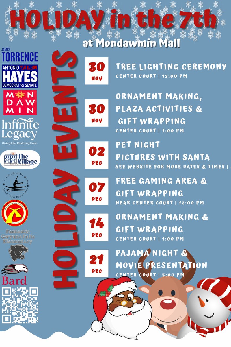 JamesTorrenceJD's tweet photo. Join us every Saturday thru Dec 21st for FREE activities:  
🎅🏾 Welcoming Santa Ben
🎶 Youth choir caroling  
🎨 Ornament making  
🎮 Video game arena  
🎞 PJ movie night (Home Alone!)  
🎁 Gift wrapping &amp; more!  

#HolidayInThe7th  2/2 https://t.co/0v3pVMgrZF