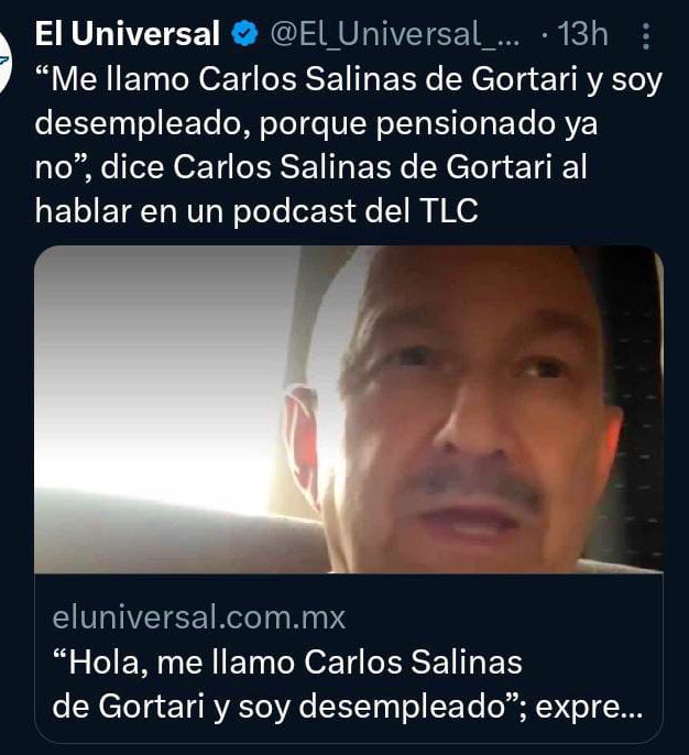 SoySimpsonito's tweet photo. - Me llamo Carlos Salinas de Gortari y soy desempleado.
- Señor Salinas, esto es un podcast sobre el TLC.
- ¿Es eso o no quieren admitir que no era solo yo el problema? https://t.co/Wty86aylNx