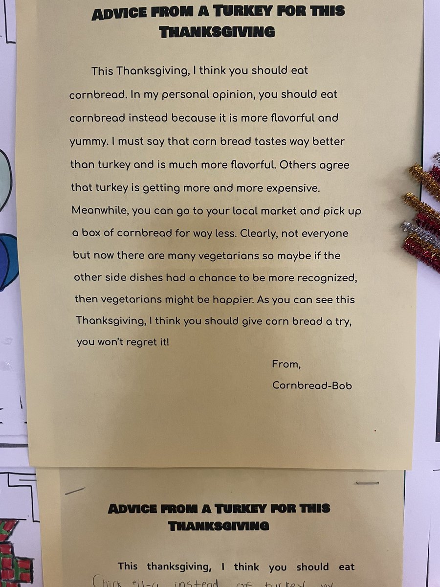 MDzSabatini's tweet photo. Our annual Turkey Disguise project was a hit this year! We created some fun designs and wrote persuasive paragraphs convincing people to eat something other than turkey this year! 🦃🧡 @MrsSiebenChris #WeAreBethpage https://t.co/91v620joP5