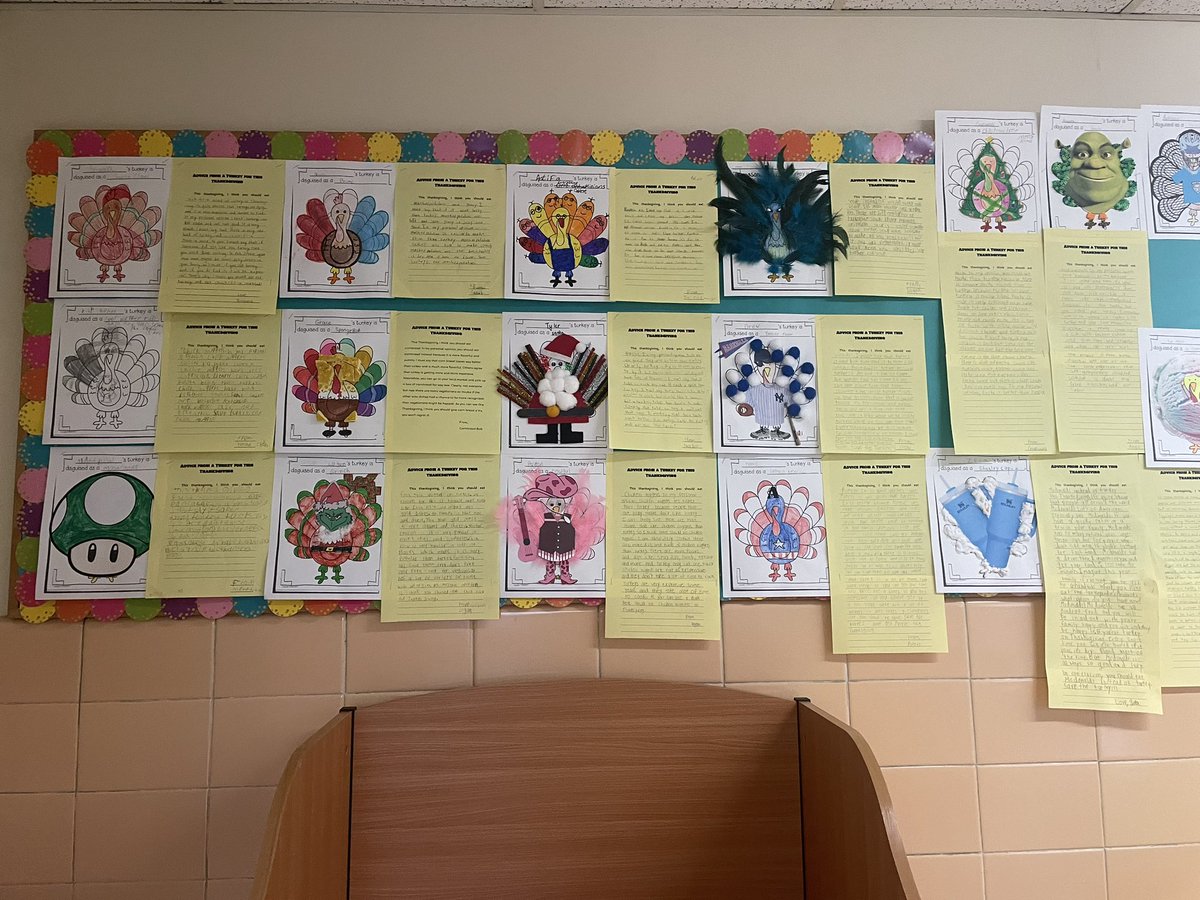 MDzSabatini's tweet photo. Our annual Turkey Disguise project was a hit this year! We created some fun designs and wrote persuasive paragraphs convincing people to eat something other than turkey this year! 🦃🧡 @MrsSiebenChris #WeAreBethpage https://t.co/91v620joP5