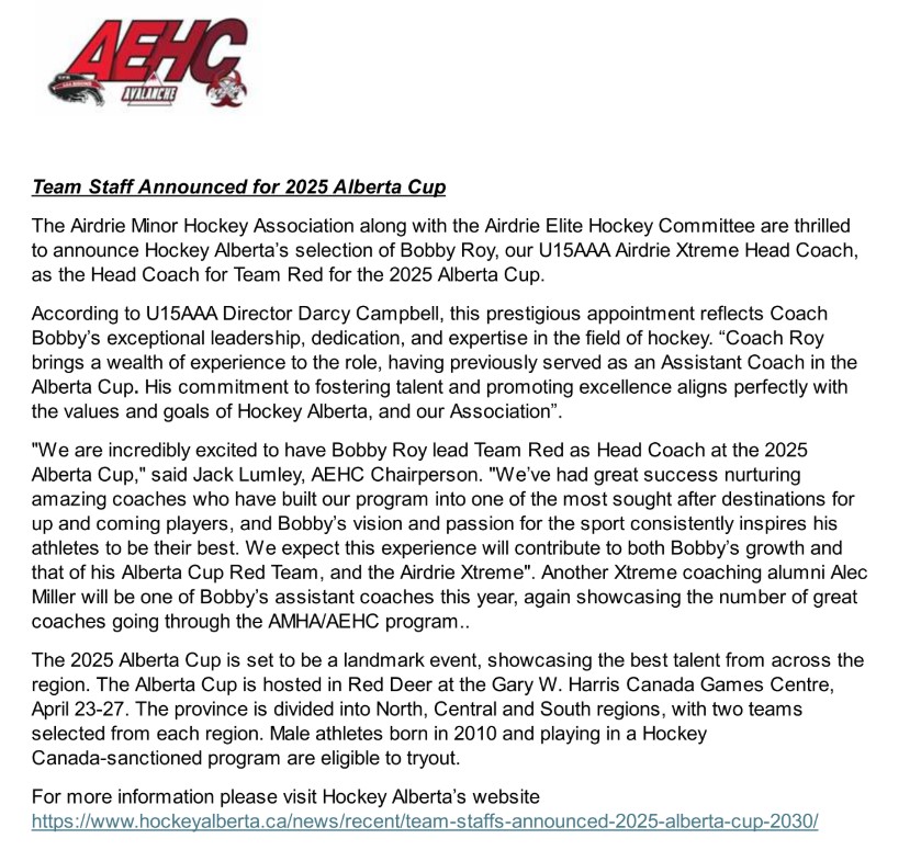 Airdrie Minor Hockey along with AEHC would like to send a big congratulations to our U15AAA Airdrie Xtreme Head Coach Bobby Roy on being named at the Head Coach for Team Red for the 2025 Alberta Cup! For more information, visit the Hockey Alberta Website
#AEHC#AMHA#2025AlbertaCup
