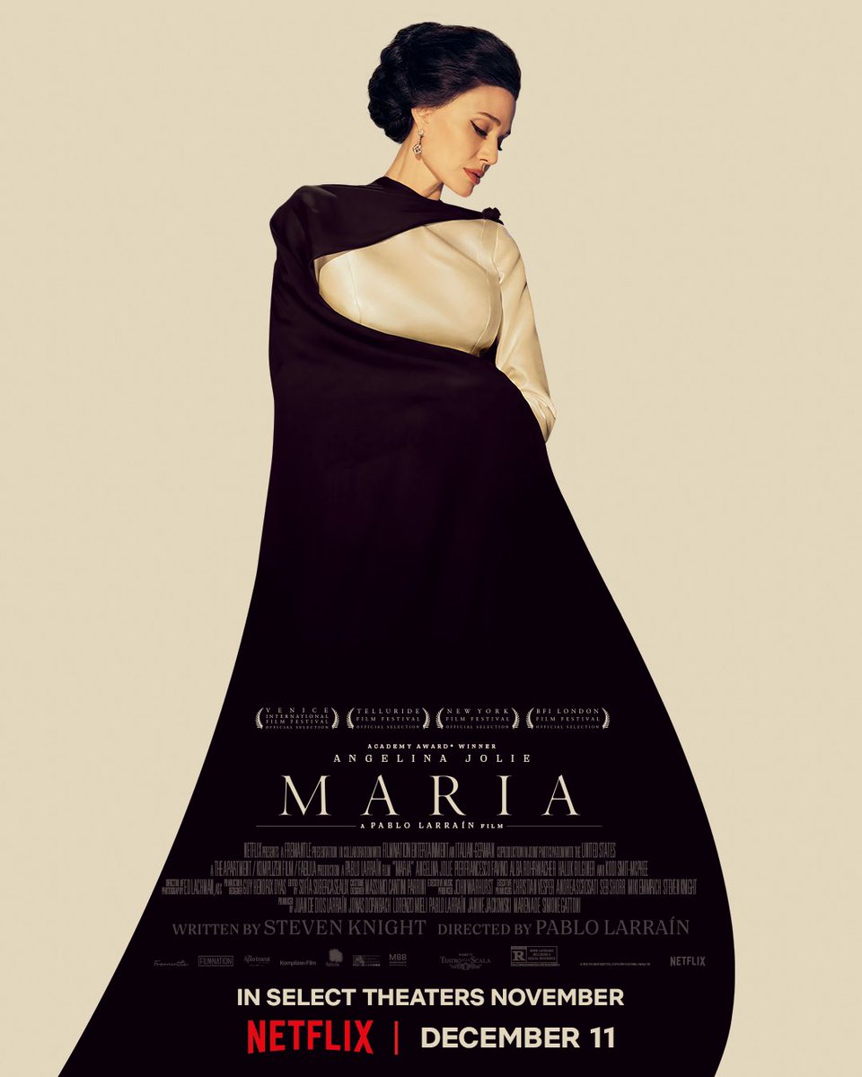 FilmUpdates's tweet photo. Pablo Larraín’s ‘MARIA’ starring Angelina Jolie is coming to Netflix next week. https://t.co/eDcBFhwTnn