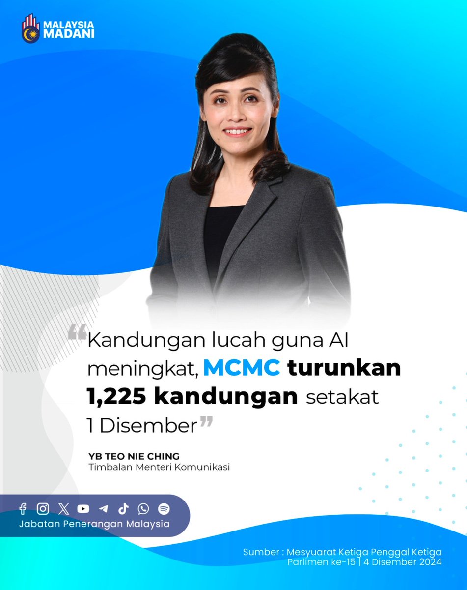 JPenerangan's tweet photo. Timbalan Menteri Komunikasi, YB Teo Nie Ching menyatakan bahawa kandungan berunsur pendedahan seksual kanak-kanak yang diturunkan telah meningkat daripada 34 kandungan pada 2022 kepada 800 pada tahun ini.

#MalaysiaMADANI
#TaatSetia
#JabatanPenerangan https://t.co/QJ44FOoPqW