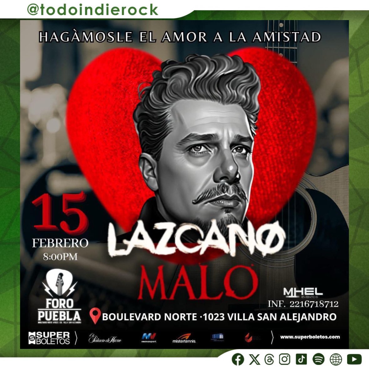 Este 15 de febrero llega <a href="/LAZCANOMALO/">LAZCANO MALO</a> a la capital poblana 🎤👇🏻

🎫 Entradas en <a href="/SuperboletosMx/">Superboletos</a> 
🔗 superboletos.com/landing-evento…
📌 Gracias a: @foropuebla | @eventosmhel

#TodoIndieRock