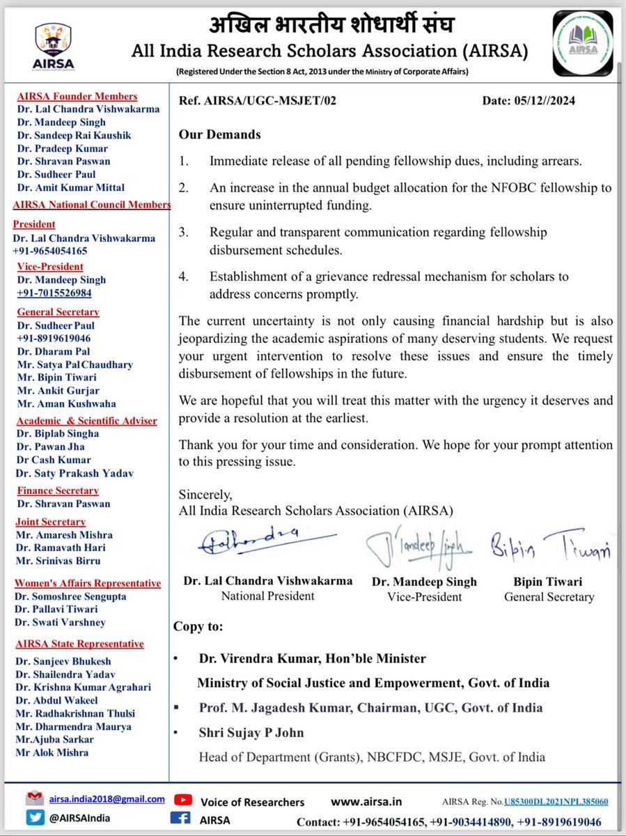 AIRSAIndia's tweet photo. 🚨Urgent Appeal🚨@MSJEGOI
Persistent delays in #NFOBCfellowship disbursement are disrupting the lives of scholars across India. Financial insecurity is forcing many to compromise their research &amp; well-being 📢 We urge authorities to act NOW!
@ugc_india @mamidala90 @IndianExpress https://t.co/u4vx2iw0gM
