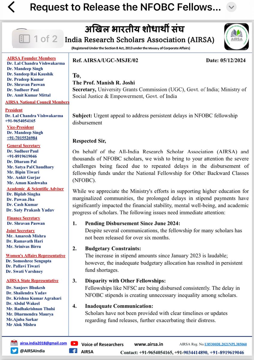AIRSAIndia's tweet photo. 🚨Urgent Appeal🚨@MSJEGOI
Persistent delays in #NFOBCfellowship disbursement are disrupting the lives of scholars across India. Financial insecurity is forcing many to compromise their research &amp; well-being 📢 We urge authorities to act NOW!
@ugc_india @mamidala90 @IndianExpress https://t.co/u4vx2iw0gM