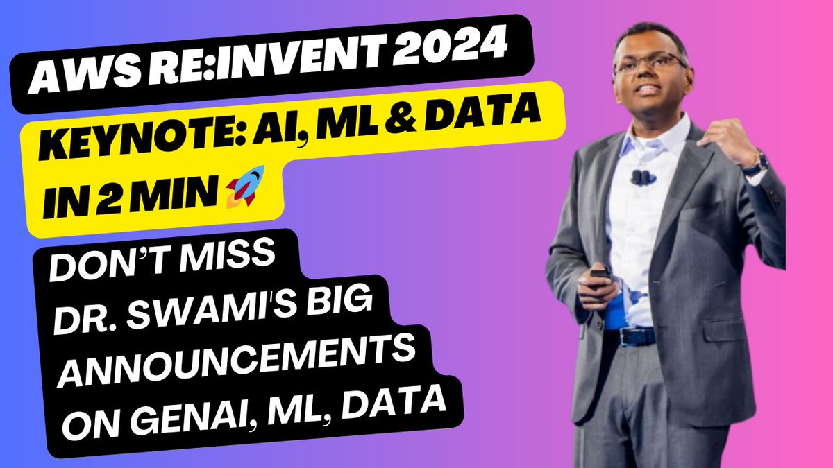 🚀 AWS re:Invent 2024 Keynote: AI, ML &amp; Data in 2 Min - Dr. Swami's Big Announcements 🔥 Don't Miss this: youtu.be/Tqwg8PyBSSQ?si…

👉 What is your Favourite Announcement?

#aws #reinvent2024 #keynote #swami #reinvent #recap #ai #ml #generativeai #data #genai #awscommunity