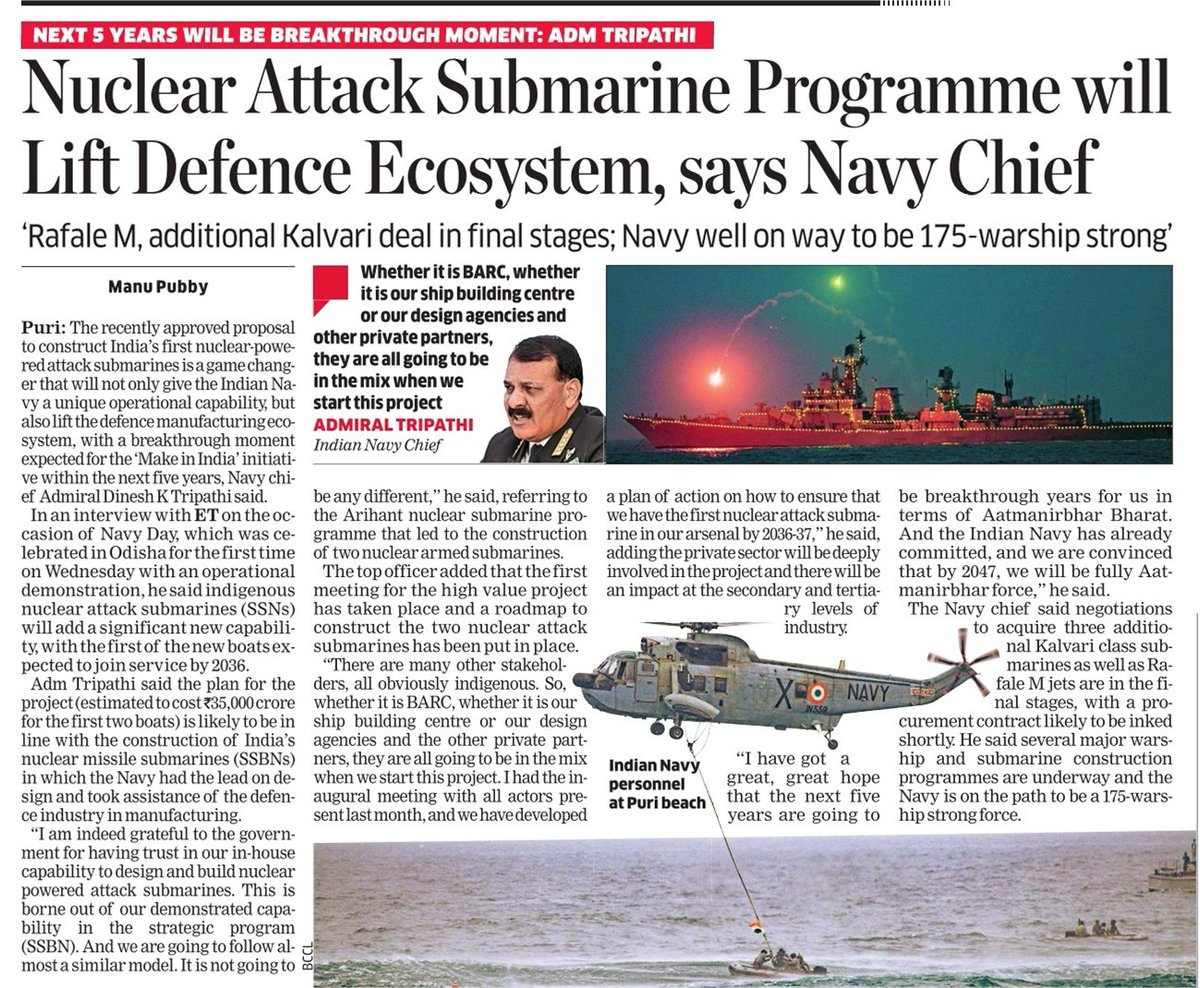 manupubby's tweet photo. Nuclear attack submarine program will lift defence ecosystem, next 5 years will be a breakthrough for Make in India, says Navy Chief Admiral Tripathi in an interview with ET. 

https://t.co/pDBBakaGN1

@ETPolitics https://t.co/PtRNAYDpXe
