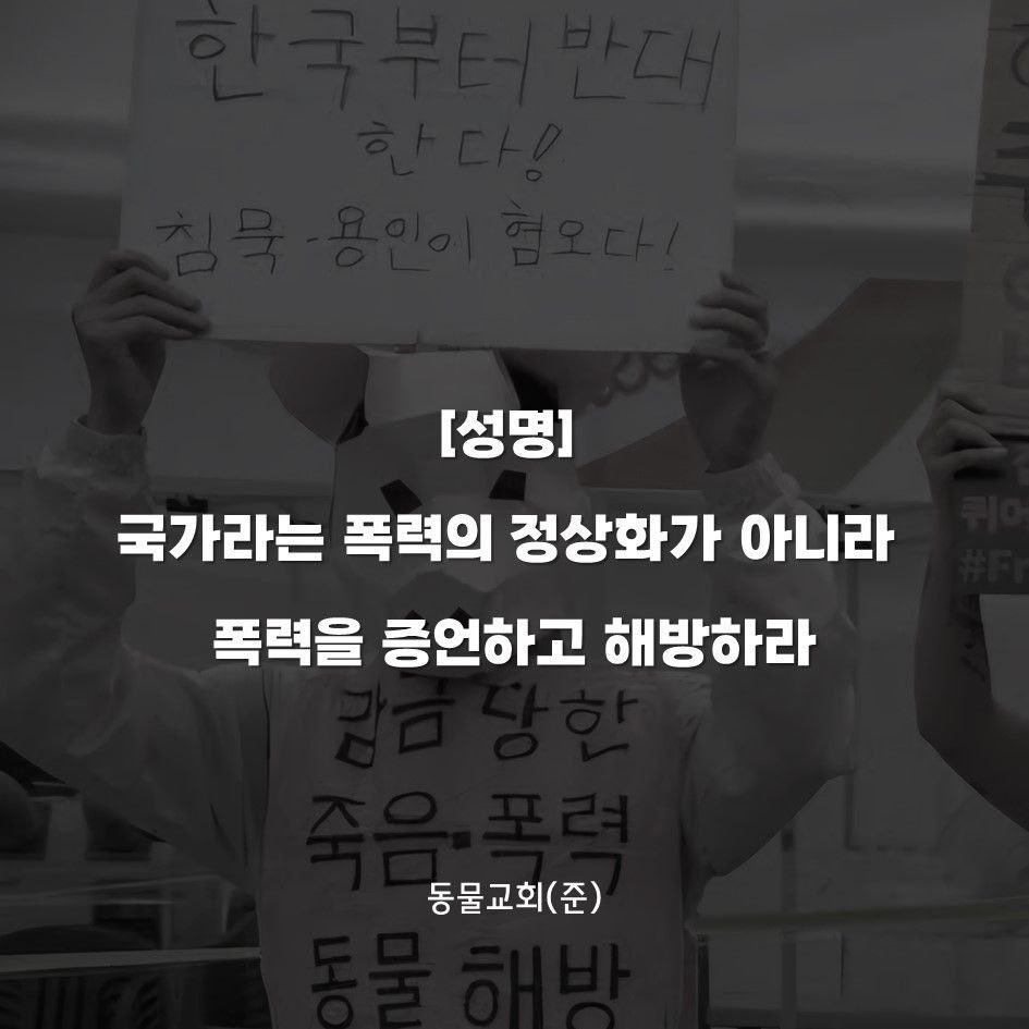 [성명] 국가라는 폭력의 정상화가 아니라 폭력을 증언하고 해방하라

동물교회는 한국을 반대한다고 외쳐왔다. 그 외침이 북쪽의 또 다른 거대한 폭력을 옹호하는 일은 되지 않는다. 폭력으로 지킬 수 있는 것은 폭력밖에 없다. 12월 3일 밤, 기습적인 비상계엄령으로 살상 무기들이 대로 가운데