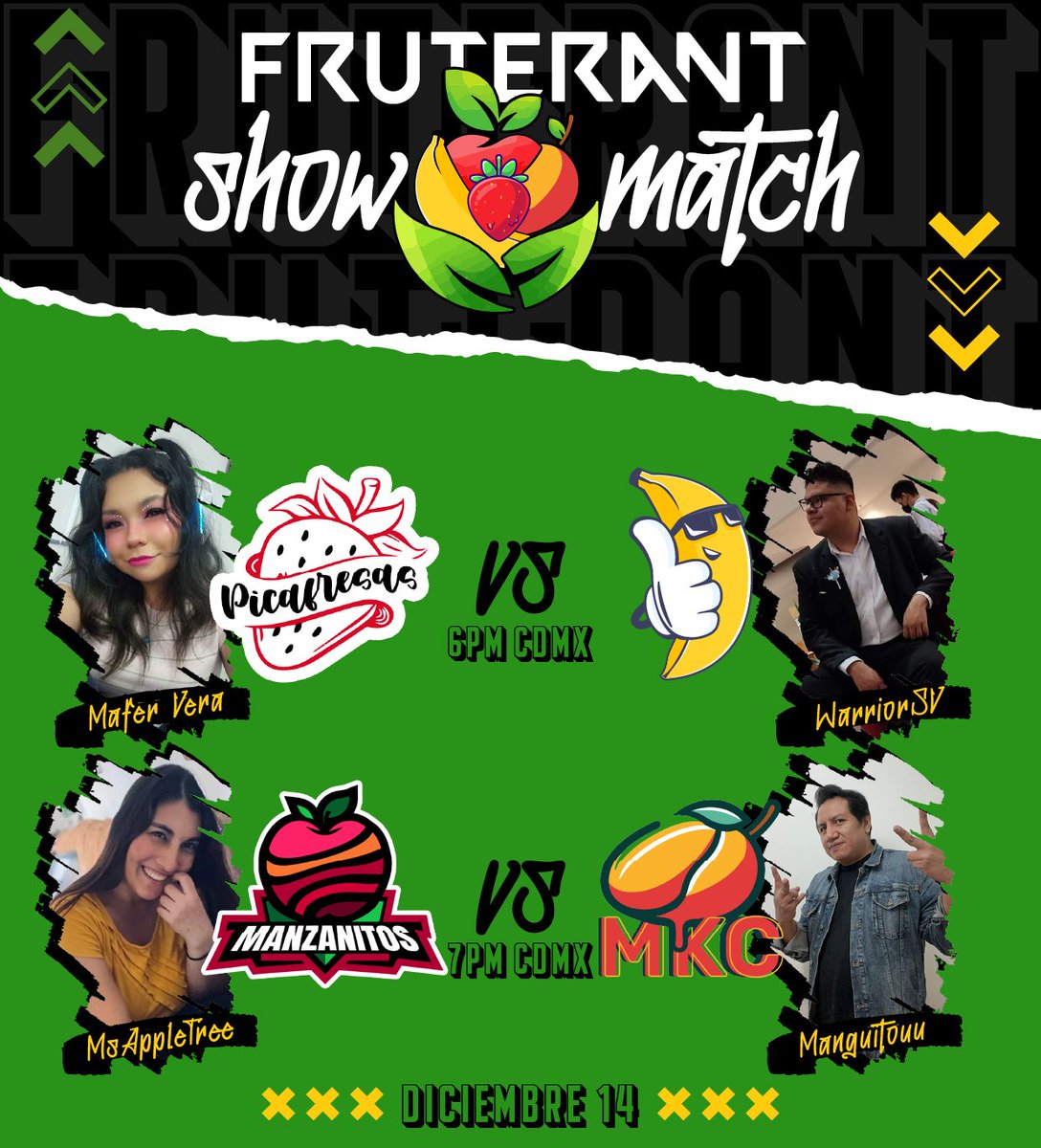 banegasboy's tweet photo. #FRUTERANT Showmatch 🍎🥭🍓🍌
Este 14 de Dic.
Acompaña a las comunidades fruteras demostrar cual es la besto fruta del barrio
Capitanes:
@_MaferVera - Picafresas
@Warriorsv_  - Bananeros
@Ms_appletree - Manzanitos
@manguitouu - MangoKon Chamoy
#ComunidadesRiotLatam #Valorant https://t.co/2nC7qhR9Gz