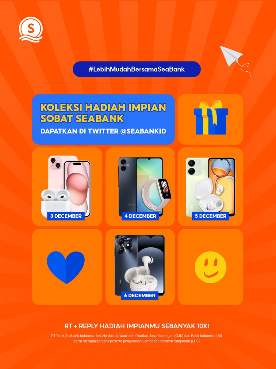 SeaBankID's tweet photo. FOLLOW DAN MENANGKAN HADIAH DI MINGGU INI! 🥳

Cara bawa pulang HADIAH SPESIAL:
1. FOLLOW TWITTER @SEABANKID &amp; TIKTOK @SEABANK.ID
2. RT Tweet ini
3. REPLY HADIAH IMPIANMU sebanyak-banyaknya! https://t.co/dWTXtYP4xR