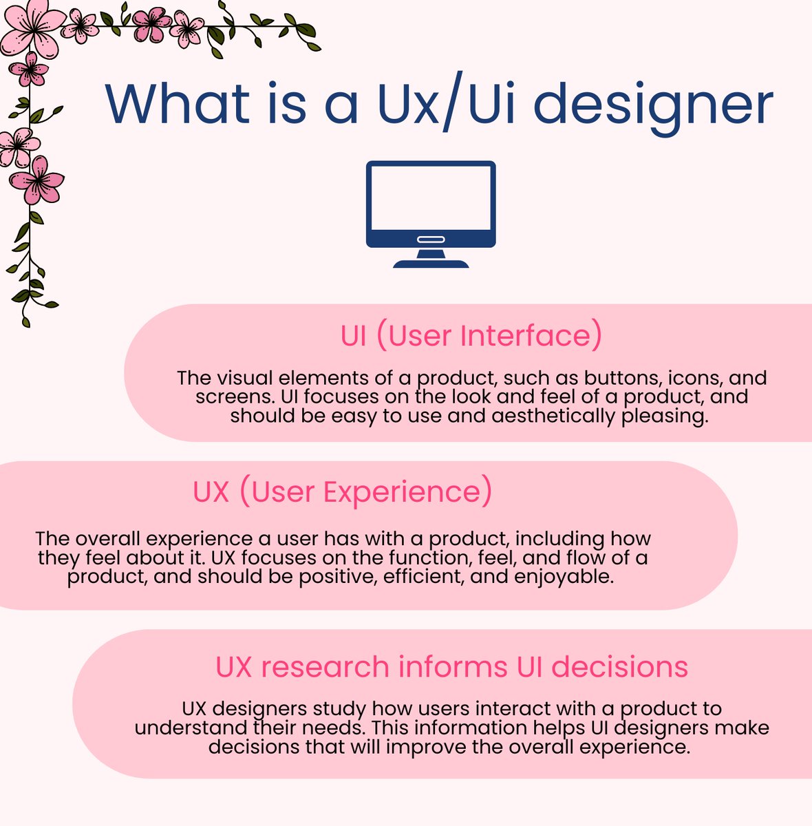 DesignPulse0's tweet photo. What is UX/UI?

User experience design is understanding the user's needs to create a seamless experience for the user while using a product and interacting with the product through the UI.

#uxuidesign
#uidesign #learnuxdesign #selftaught #designterms #learnui https://t.co/d5Qqdz1XTx