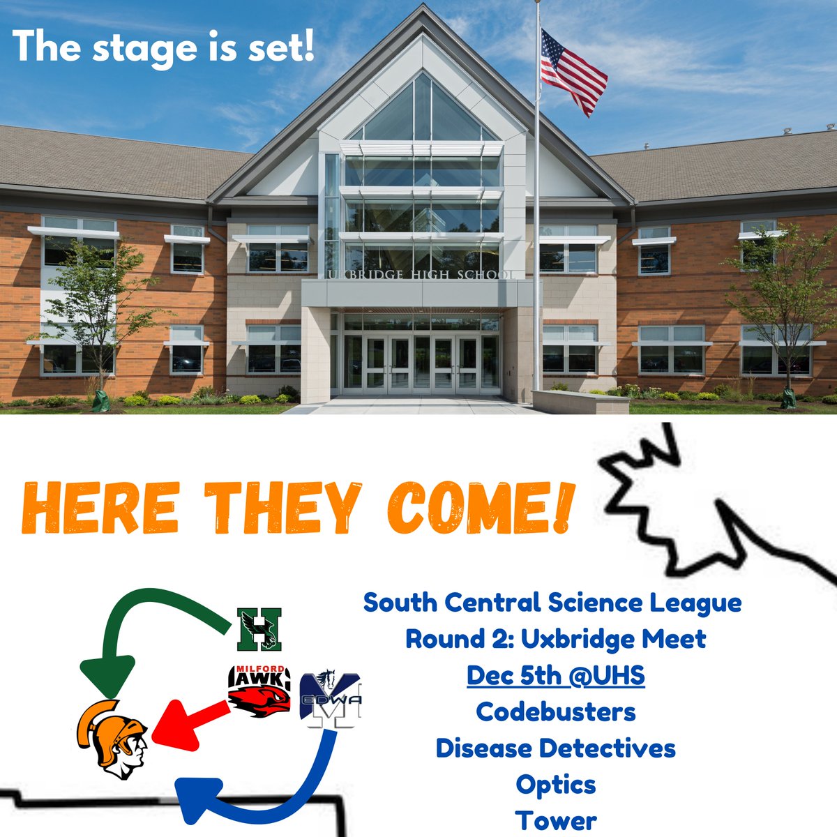 UxbridgeSciOly's tweet photo. Wednesday was fun for us to see our football team win a state championship, but our group has been quietly preparing for our next competition. Tomorrow! Dec 5th! Round 2! This is Uxbridge's first time hosting a SCSL league meet! Let's do this right #EmbraceContest #SpartanPride https://t.co/WlfWvvREQ4