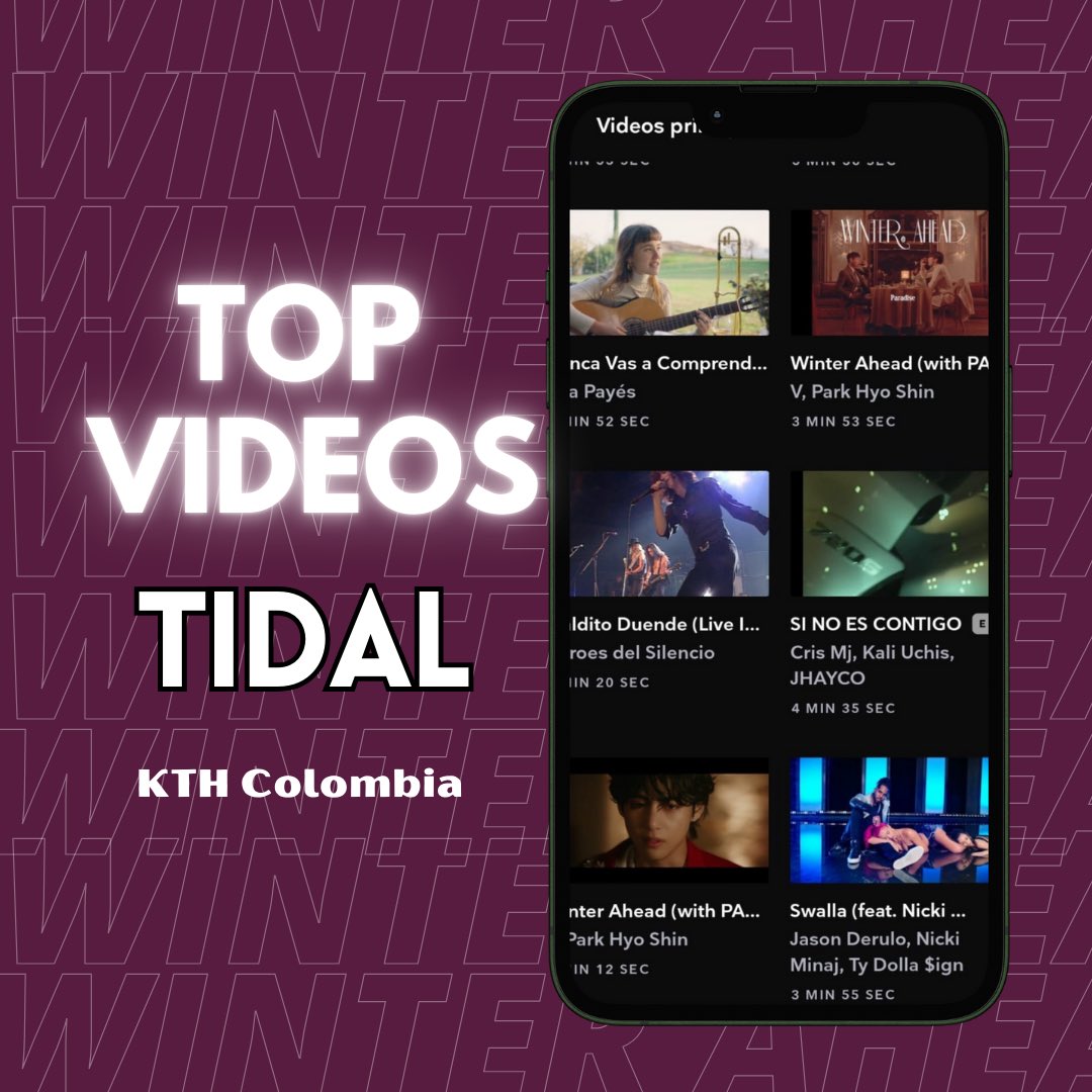 KTH_Col's tweet photo. 〰️ INFO |  #Taehyung

V sigue charteando de #4 en Tidal Colombia con #WinterAhead 🥳🥳🥳

Seguimos! 🔥🔥🔥

Vamos #TaeCrewColombia, estanos modo ❄️ #WINTER_AHEAD❄️
#V #뷔 https://t.co/XnSZNftxKB