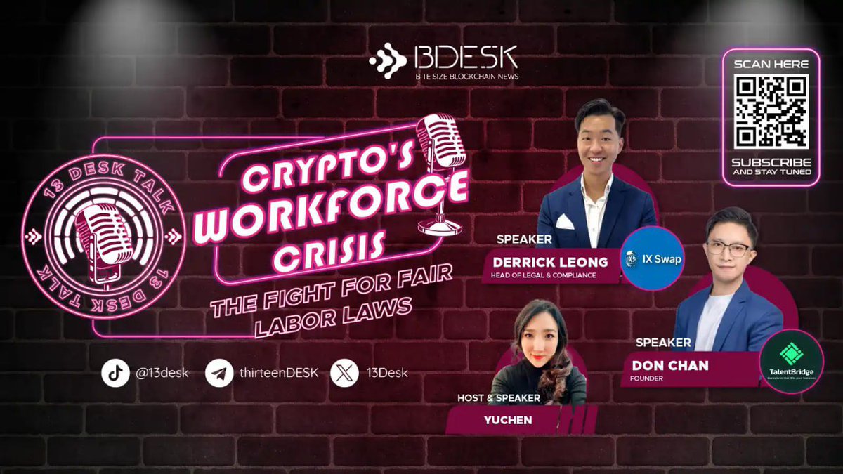 13Desk's tweet image. 13Desk Talk | Crypto’s Workforce Crisis: Fair Labor Laws🎙️

⏰ Premieres at 4 PM
📺 Watch here: youtu.be/Atp9Lbwd7oA

Insights on Web2 transition to Web3, offshore registrations, unclear contracts, and more!

#13Desk #DeskTalk #CryptoWorkforce #LaborLaw