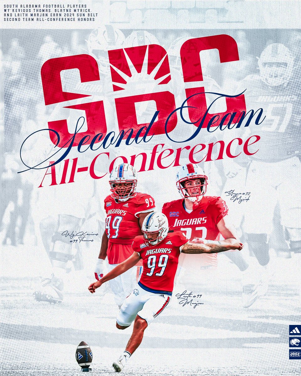 South Alabama Football 🏈 (@southalabamafb) on Twitter photo Congrats to <a href="/WykeviousT/">Wykevious Thomas</a>, <a href="/LaithMarjan/">Laith Marjan</a> and <a href="/BlayneMyrick/">Blayne Myrick</a> on being named Second Team All-Sun Belt‼️
#OurCity Congrats to <a href="/WykeviousT/">Wykevious Thomas</a>, <a href="/LaithMarjan/">Laith Marjan</a> and <a href="/BlayneMyrick/">Blayne Myrick</a> on being named Second Team All-Sun Belt‼️
#OurCity