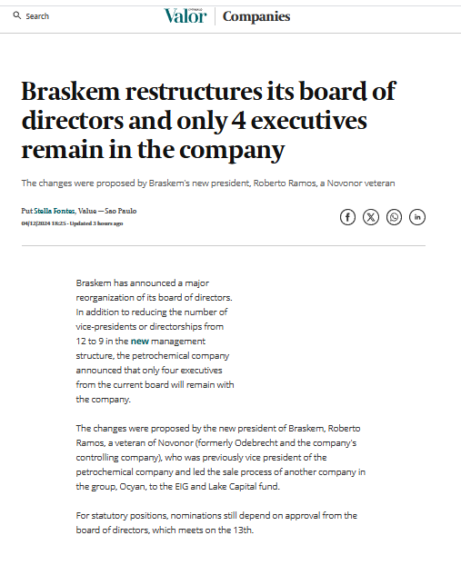 filiusVi's tweet photo. #BRKM5 $BAK Braskem

I´m impressed by how fast things were restructured after Ramos got in. Seems Novonor is still calling the shots

"The goal is to accelerate the company's turnaround process, recover its value and prepare it for the new dynamics of petrochemical cycles"