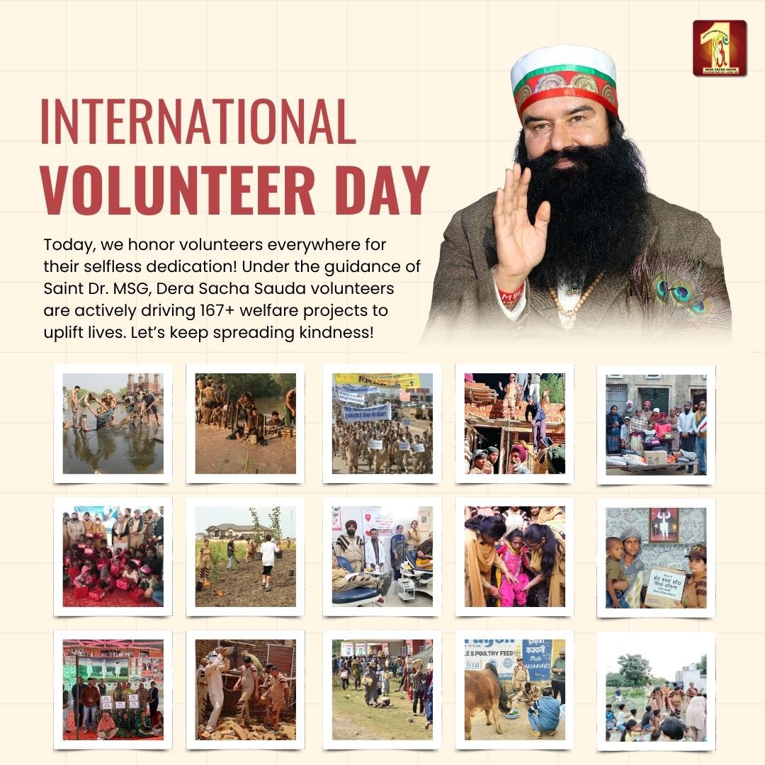 DSSNewsUpdates's tweet photo. The road to a compassionate world begins with volunteering.
Celebrating 70 million strong family of volunteers of Dera Sacha Sauda, who leave no stones unturned to help and uplift humanity in any part of the world, with the pious inspiration of Saint Dr MSG Insan Ji. 
Happy #InternationalVolunteerDay!   

#IVD2024 #RamRahim #SaintDrMSG #DeraSachaSauda