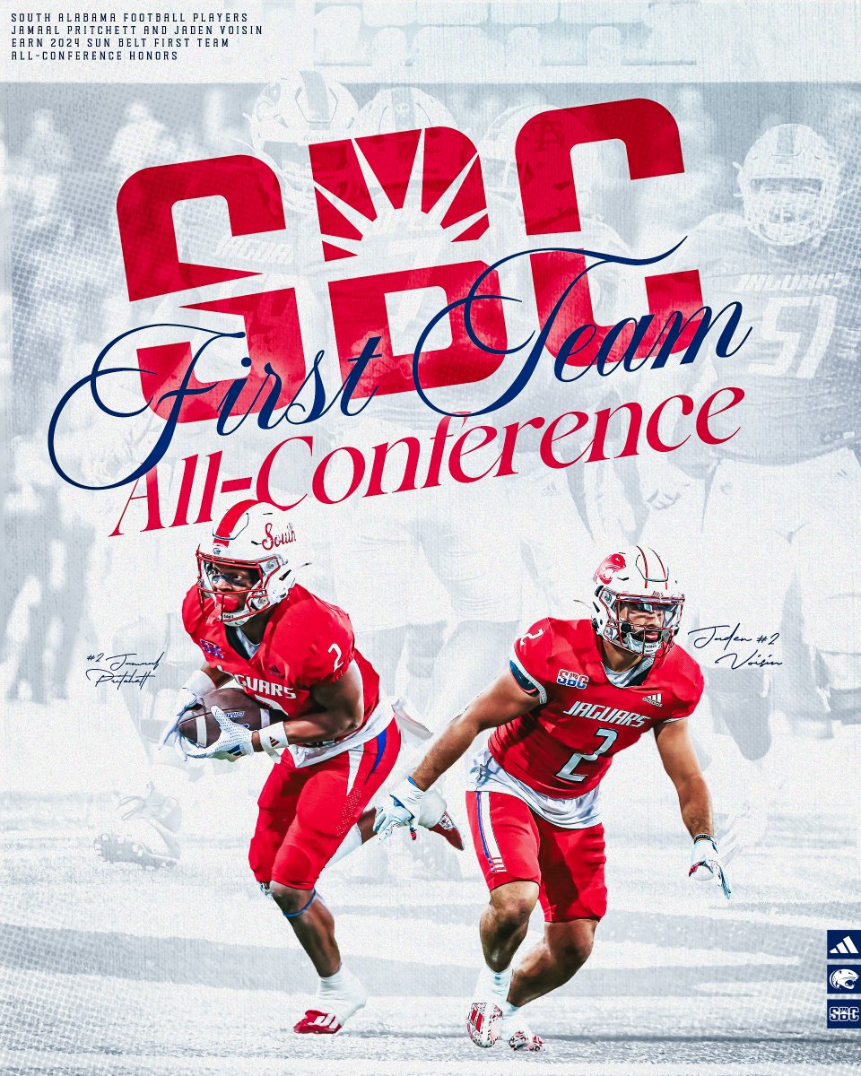 South Alabama Football 🏈 (@southalabamafb) on Twitter photo Congrats to <a href="/jamaalpritchett/">Jamaal pritchett</a> and <a href="/JadenVoisin/">Jaden Voisin</a> on being named First Team All-Sun Belt‼️
#OurCity Congrats to <a href="/jamaalpritchett/">Jamaal pritchett</a> and <a href="/JadenVoisin/">Jaden Voisin</a> on being named First Team All-Sun Belt‼️
#OurCity