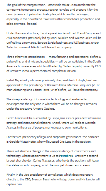 filiusVi's tweet photo. #BRKM5 $BAK Braskem

I´m impressed by how fast things were restructured after Ramos got in. Seems Novonor is still calling the shots

"The goal is to accelerate the company's turnaround process, recover its value and prepare it for the new dynamics of petrochemical cycles"