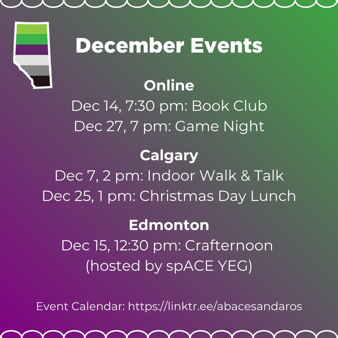Event summary for December: in-person in Calgary &amp; Edmonton, as well as 2 online events this month! Link in bio for details, and don't forget to fill out our Alberta A-Specs Survey too! Thank you💚💜