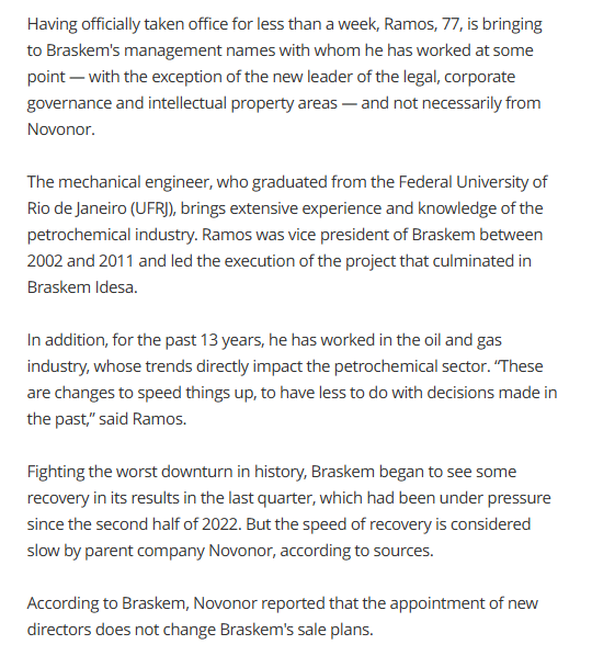 filiusVi's tweet photo. #BRKM5 $BAK Braskem

I´m impressed by how fast things were restructured after Ramos got in. Seems Novonor is still calling the shots

"The goal is to accelerate the company's turnaround process, recover its value and prepare it for the new dynamics of petrochemical cycles"