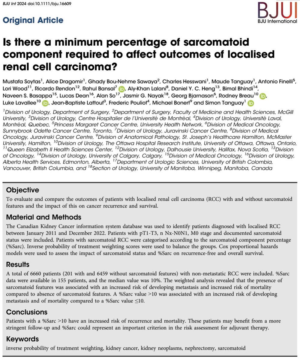 mustafa_soytas's tweet photo. A great honour to be involved in this amazing study and team in enlightening of #kidneycancer by prospective real-world @ckcis_ca data @KidneyCancer_Ca @SiTanguay @RicardoARendon @RodBreau @nbasappaCCI @UroOncMD @DrDanielHeng @lalaniMD @BBhindi @pouliotfredUL https://t.co/iNlgoBJblA