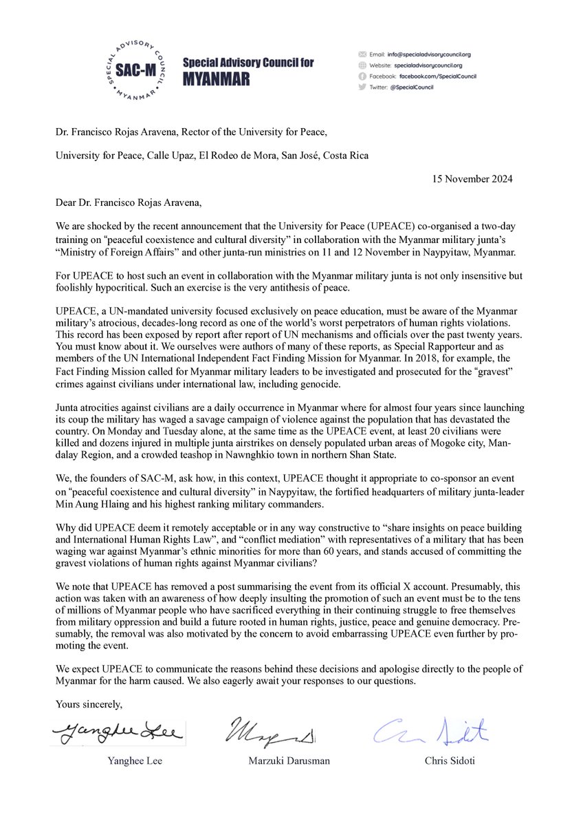 SpecialCouncil's tweet photo. SAC-M sent the following letters to @UPEACE Rector Dr Aravena seeking an explanation for UPEACE’s decision to hold a 2-day training on “peaceful coexistence &amp; cultural diversity” w/ "ministries" of the criminal #Myanmar junta in NPT last month

UPEACE's responses are included 1/2 https://t.co/tXosBBnN0l
