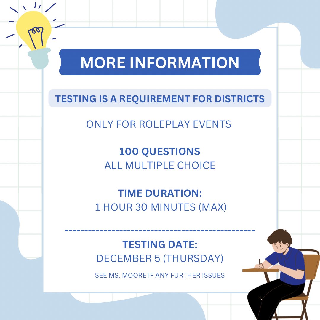 Reminder that testing for Districts is tomorrow!

If you do not take it, you cannot compete.