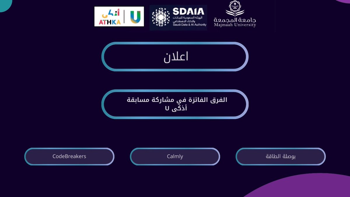 mu_dsa's tweet photo. 🎉 إعلان وتهنئة 🎉

بك�� تقدير، يسعدنا الإعلان عن الفرق الفائزة في مشاركة مسابقة #أذكى_U تقديرًا لجهودهم المتميزة وإبداعاتهم القيمة.

🏆 الفرق الفائزة هي:
CodeBreakers 
Calmly 
بوصلة الطاقة 

و نعبر عن شكرنا لجميع المشاركين على مساهماتهم وتفاعلهم المميز في هذه المسابقة
#سدايا https://t.co/DpLOOn6S8n