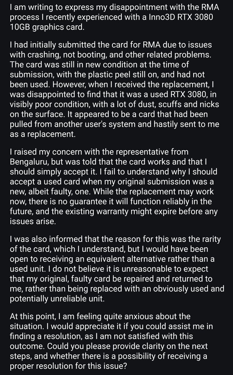 saivarsha_'s tweet photo. @Inno3D Hey, I got a heavily used RTX 3080 as a replacement for a non-working card in RMA, and the emails I sent aren't getting replies...  please help me out. Details in the pictures below. Please reach out if you need more information. (Location: Kaizen Infoserve, India) https://t.co/hqwkcpGoWK