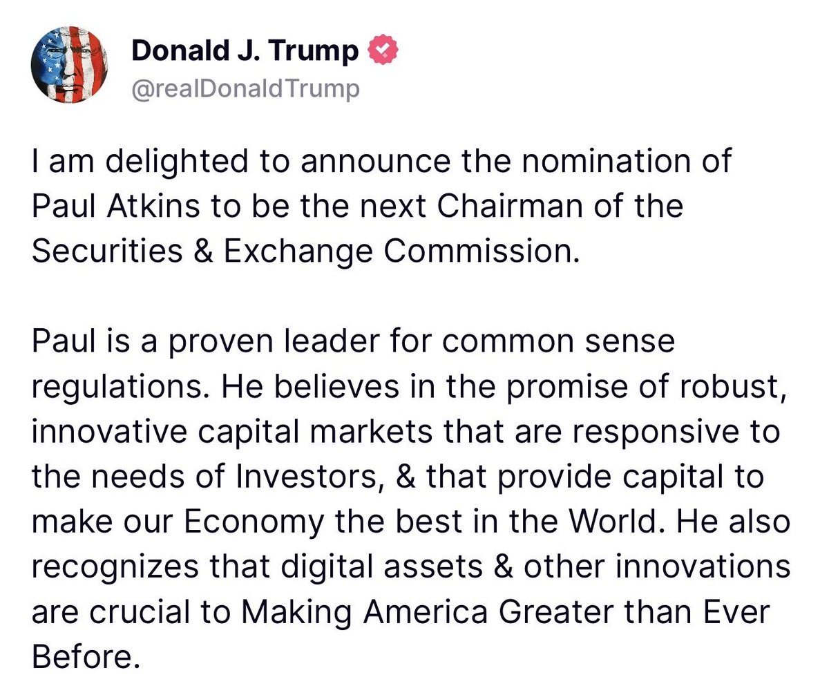 BREAKING: Donald Trump officially nominates pro-#Bitcoin and and pro-crypto Paul Atkins as next SEC Chair 🇺🇸

We are back in the business baby!
It’s another Ultra Bull Sign!

#UltraBullSign