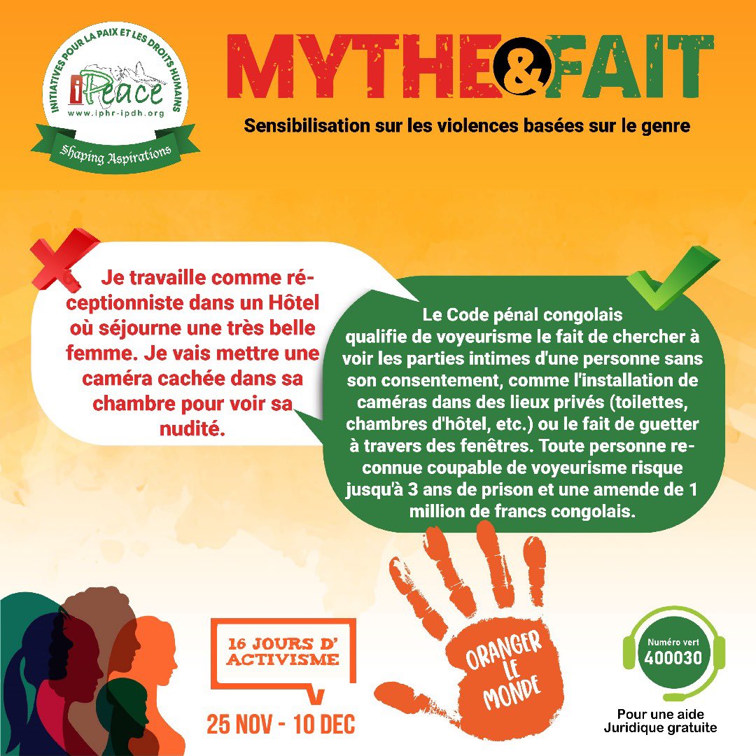 iPeace_RDC's tweet photo. #16JoursDActivisme
Selon l’article 174 v du Code pénal congolais tel que modifié en 2023, le voyeurisme est puni jusqu’à 3 ans de prison et 1 million de FC d’amende, et la honte pour toujours. Ça vaut vraiment le coup ? Pensez-y avant de jouer les espions 🚫👁️ https://t.co/RNAj7rBm3h